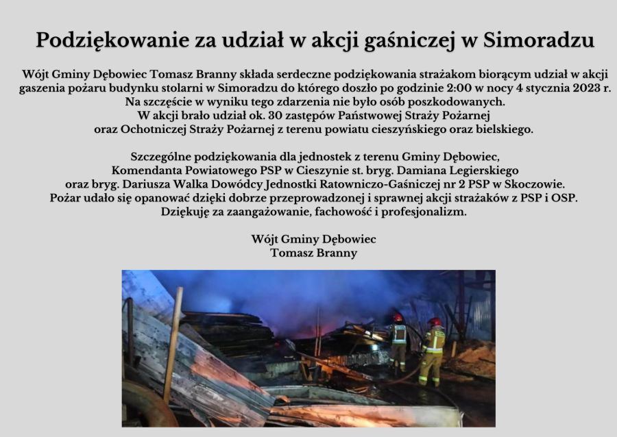 Podziękowanie za udział w akcji gaśniczej w Simoradzu
